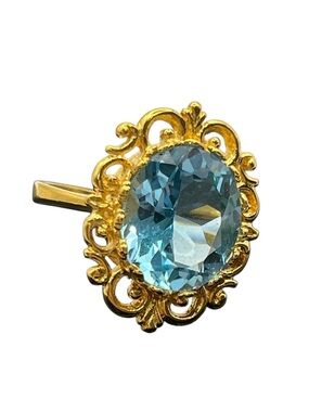 Blue oval CZ gold tone ornate filigree setting vintage cocktail ring size 8.5